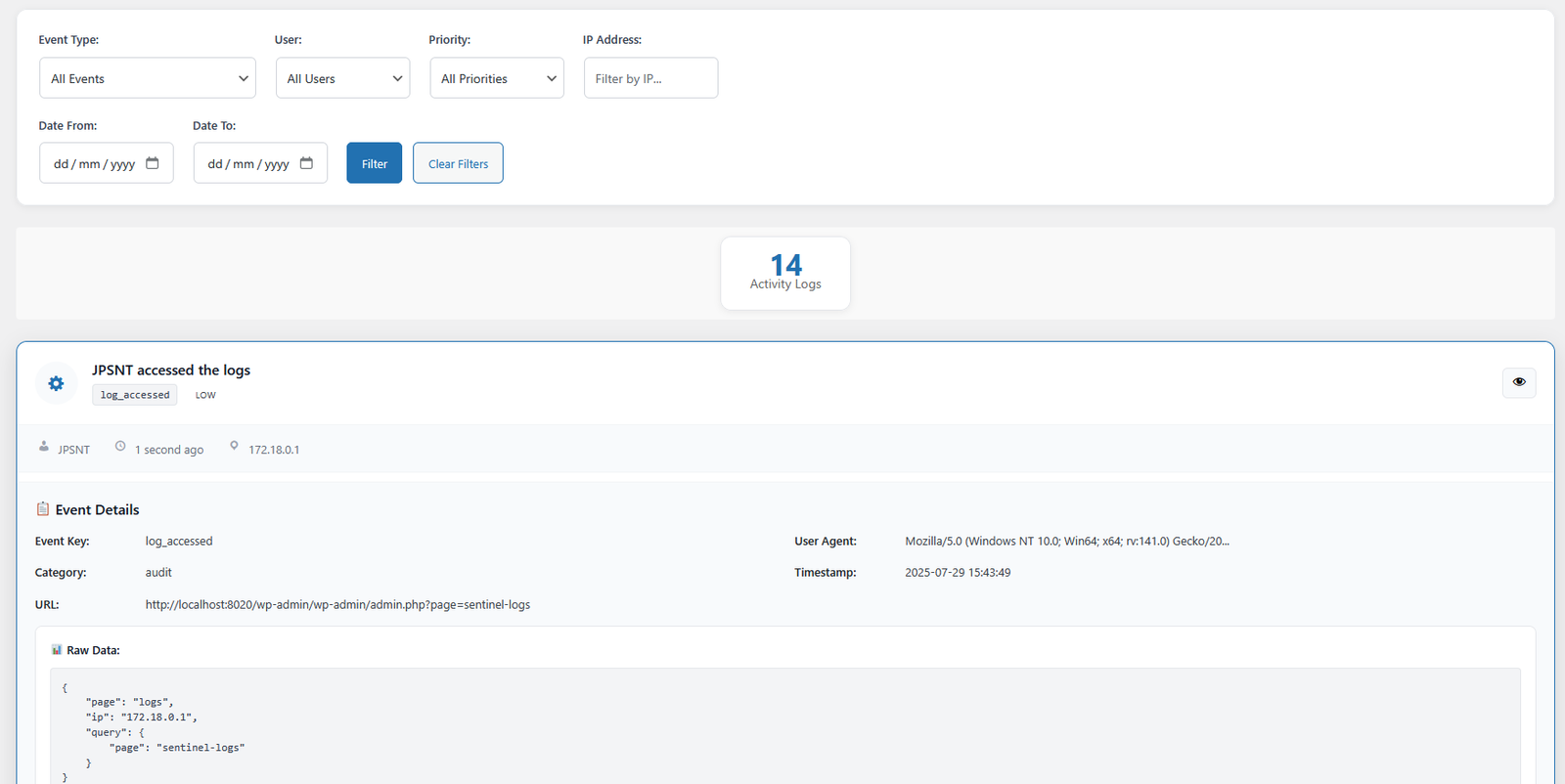Sentinel WordPress Security Plugin Activity Log Viewer - Advanced filtering and real-time security event monitoring interface
